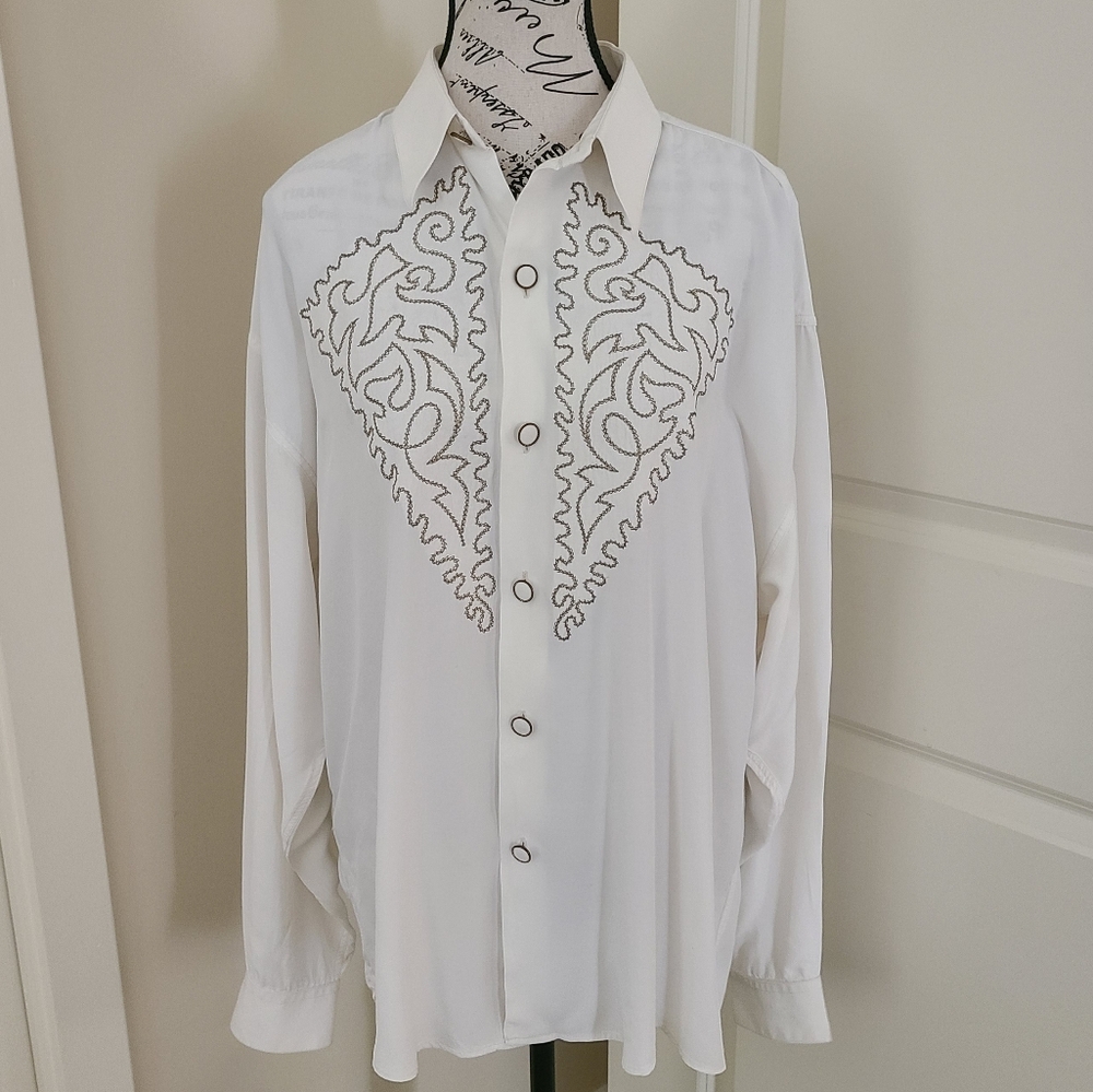 Vintage NOGARET Paris Dress Shirt Cream/ Gold Embroidering Size L Made In France